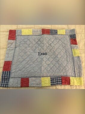 Vintage Pottery Barn kids pillow cover 20x15 “Evan” embroidered Chambrey